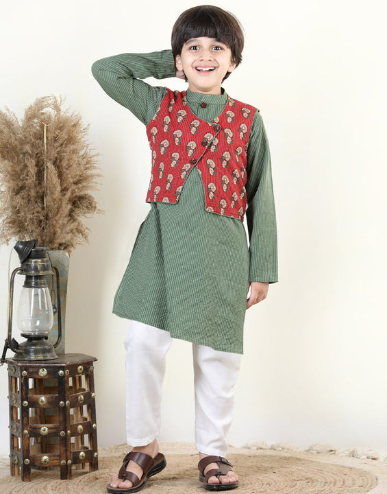 Green Katha Kurta with Red Floral Printed Jacket Set