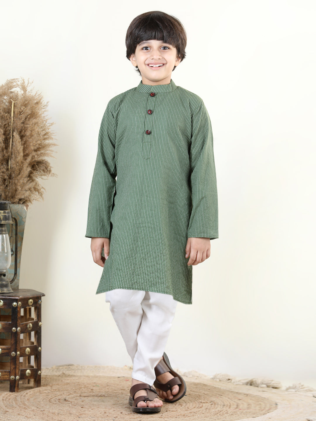 Green Katha Kurta with Red Floral Printed Jacket Set