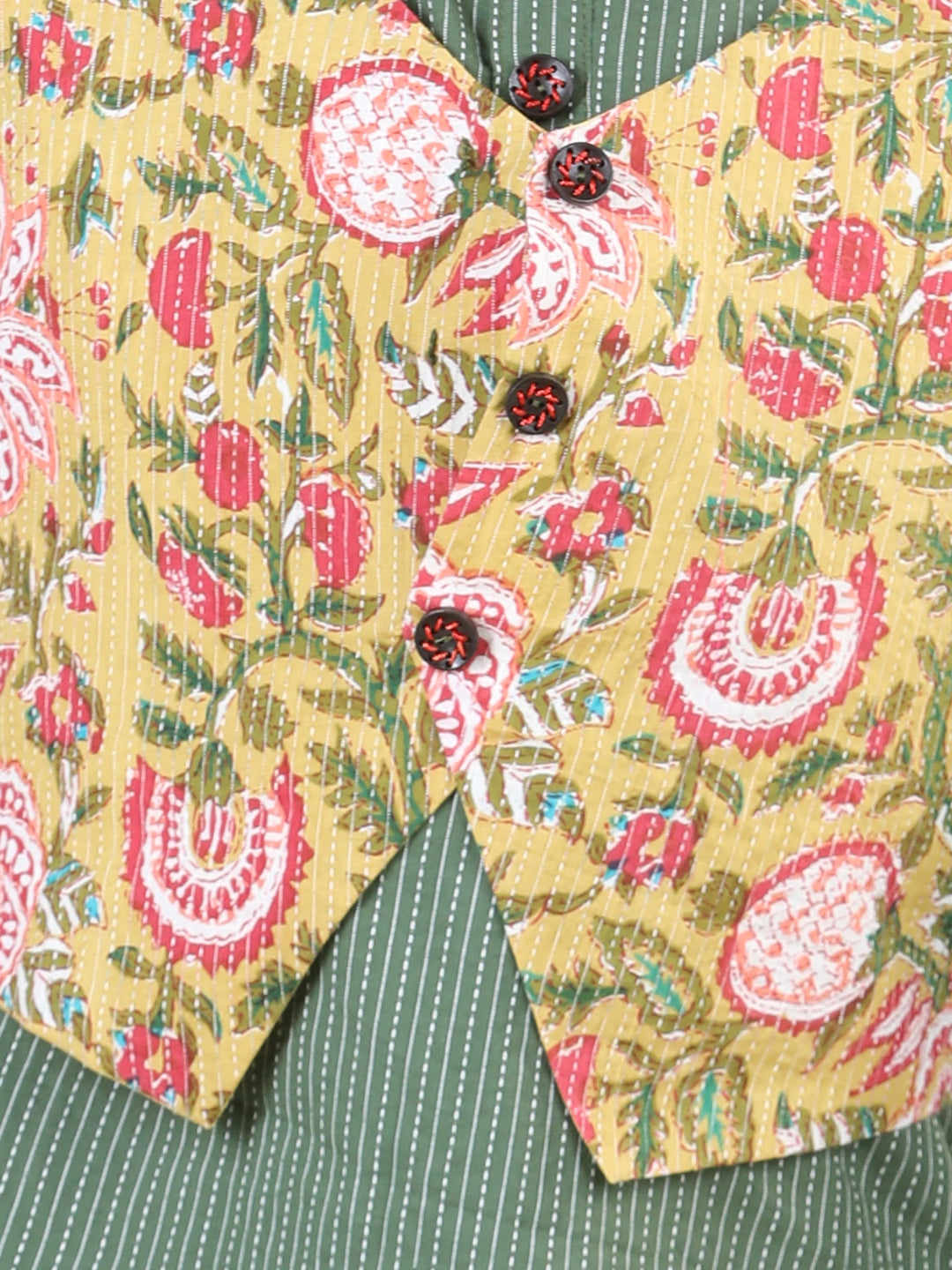 Green Katha Kurta with Yellow Floral Jacket Set