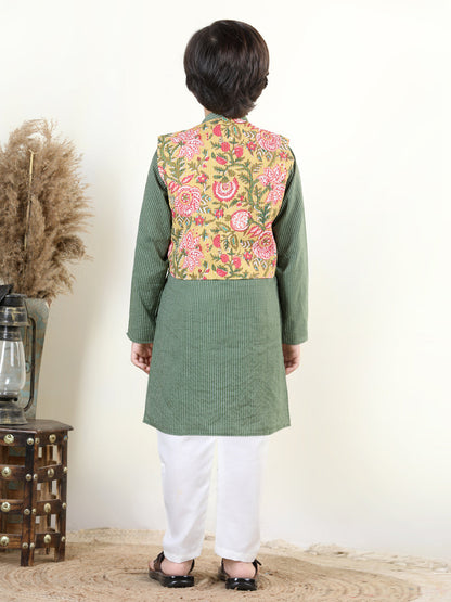 Green Katha Kurta with Yellow Floral Jacket Set