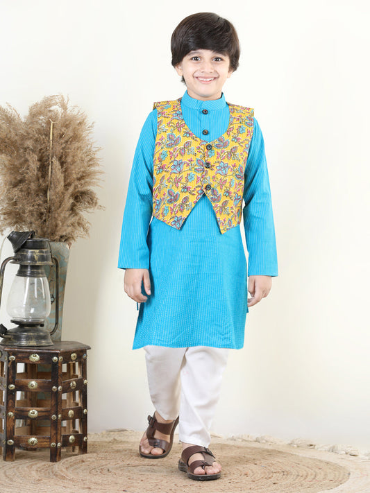 Blue Katha Kurta with Reversible Floral Jacket Set