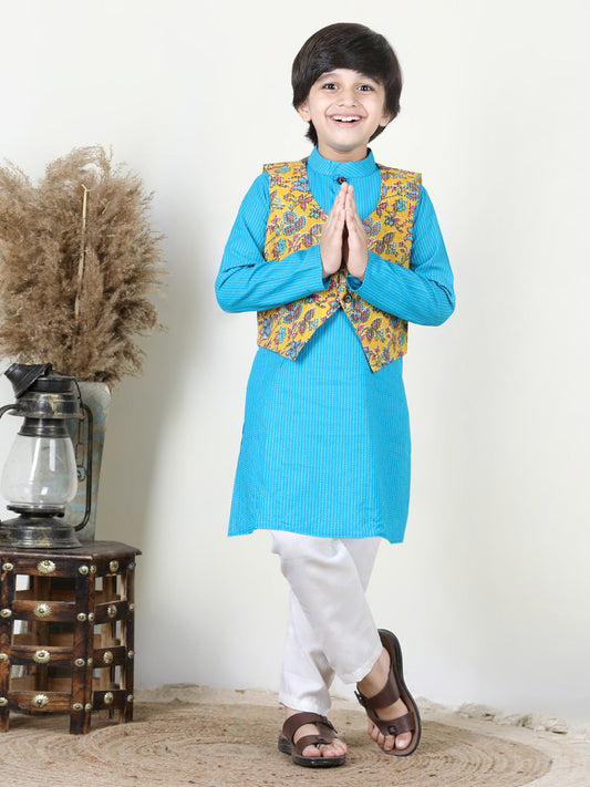 Blue Katha Kurta with Reversible Floral Jacket Set