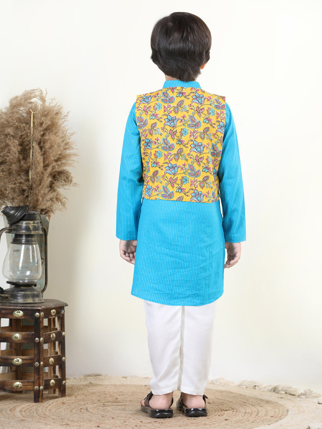 Blue Katha Kurta with Reversible Floral Jacket Set