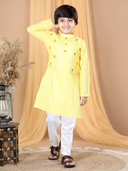 Yellow Embroidered Zari Lurex Kurta Set
