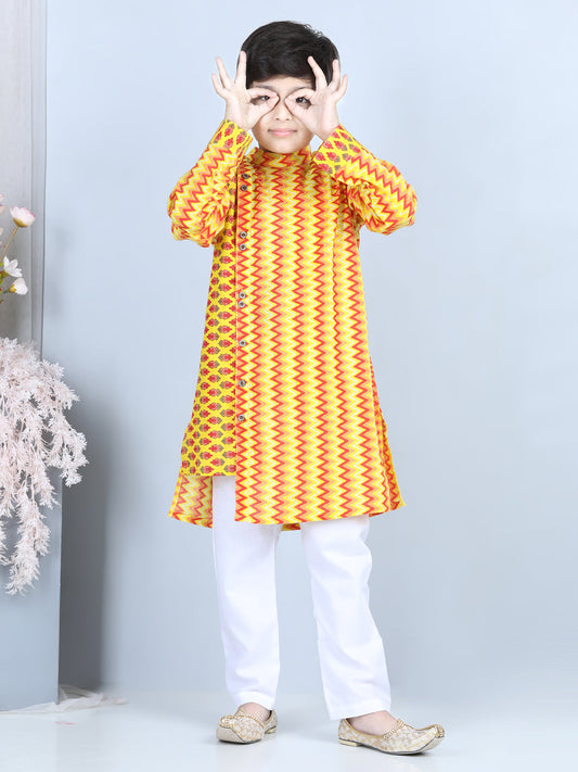 Yellow Floral & Chevron Detailed Kurta Set
