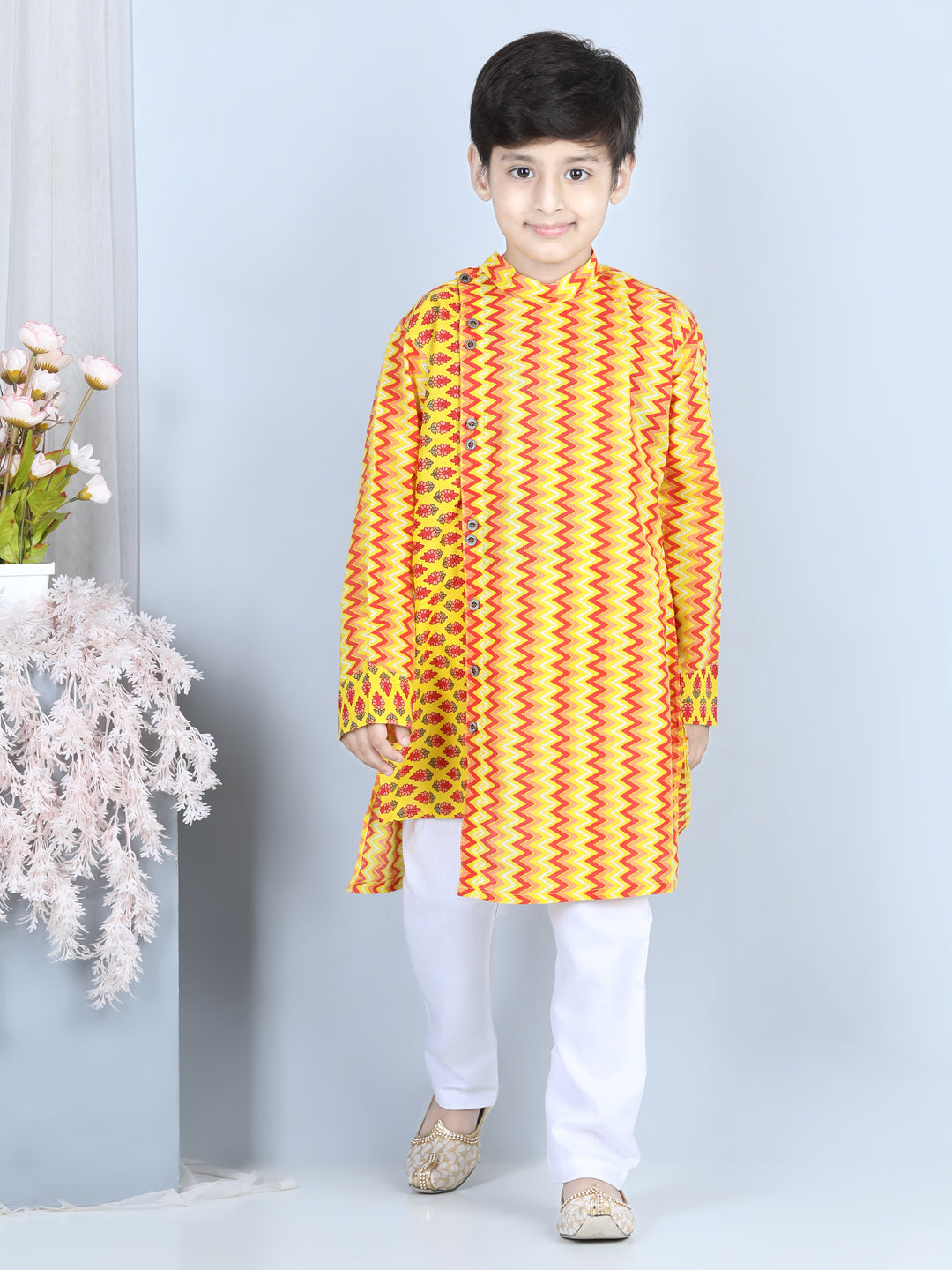 Yellow Floral & Chevron Detailed Kurta Set