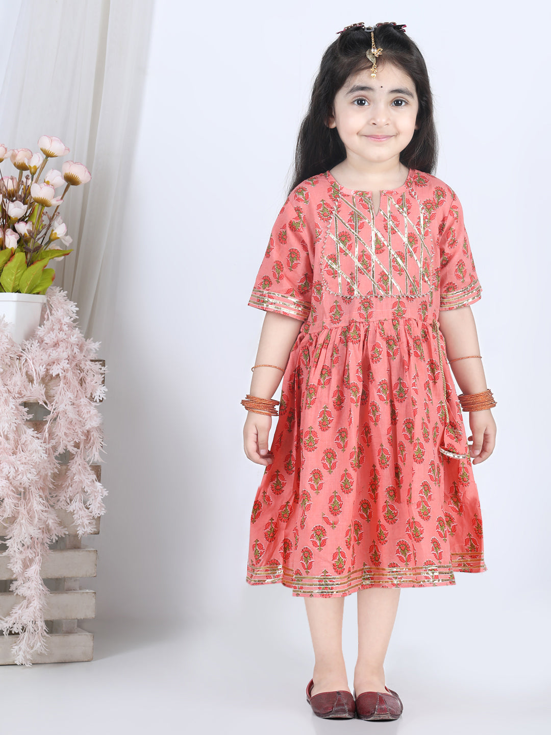 Peach Cotton Printed Dress