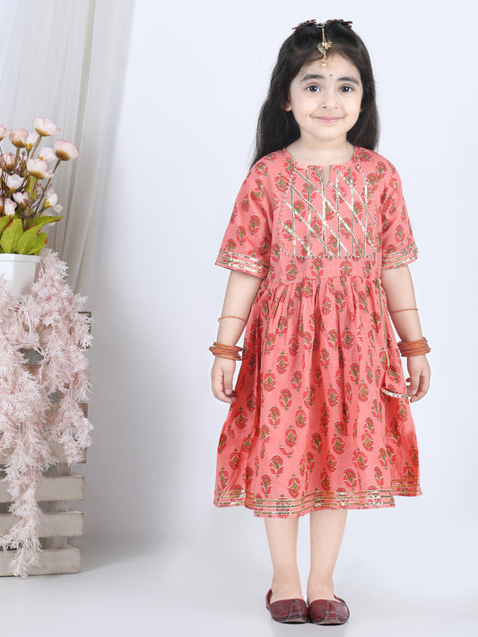 Peach Cotton Printed Dress