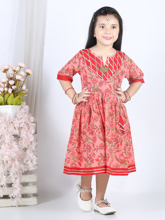 Peach & Red Cotton Printed Dress