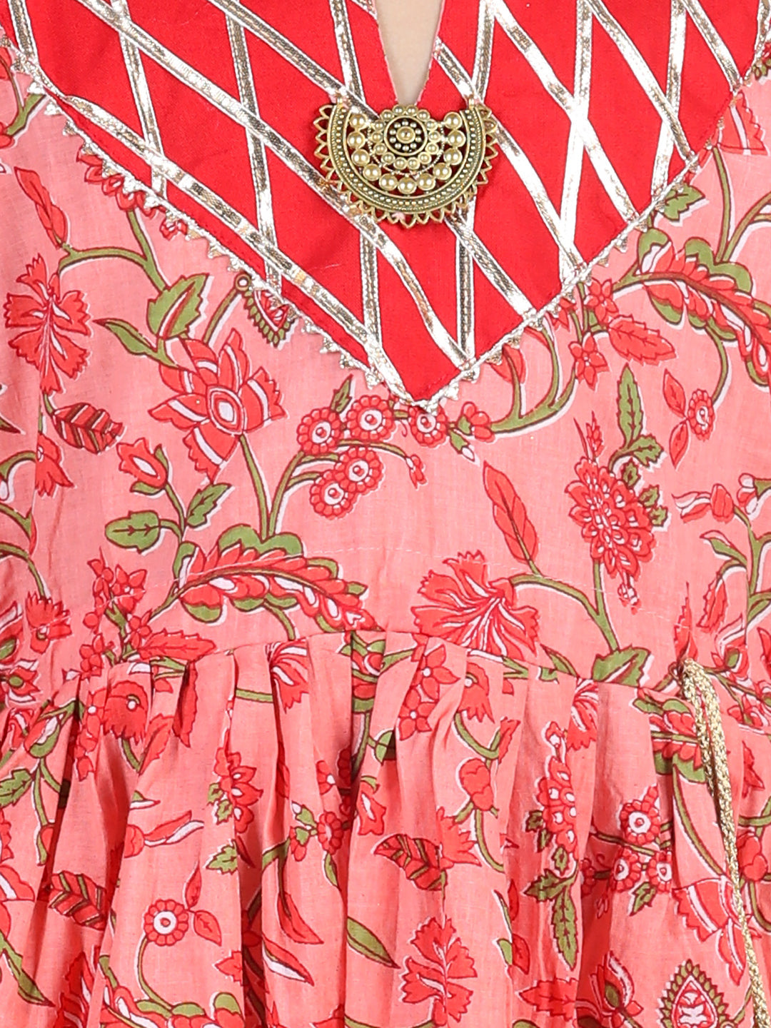 Peach & Red Cotton Printed Dress