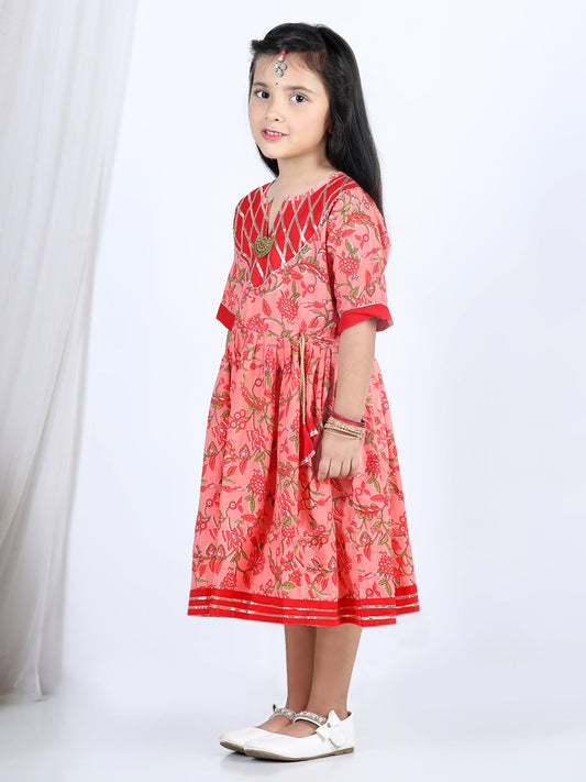Peach & Red Cotton Printed Dress