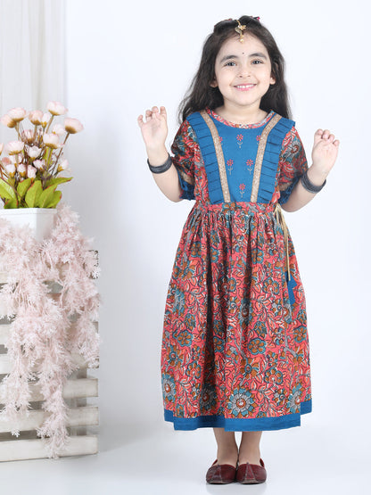 Red Half Sleeves Floral Printed & Embroidered Dress