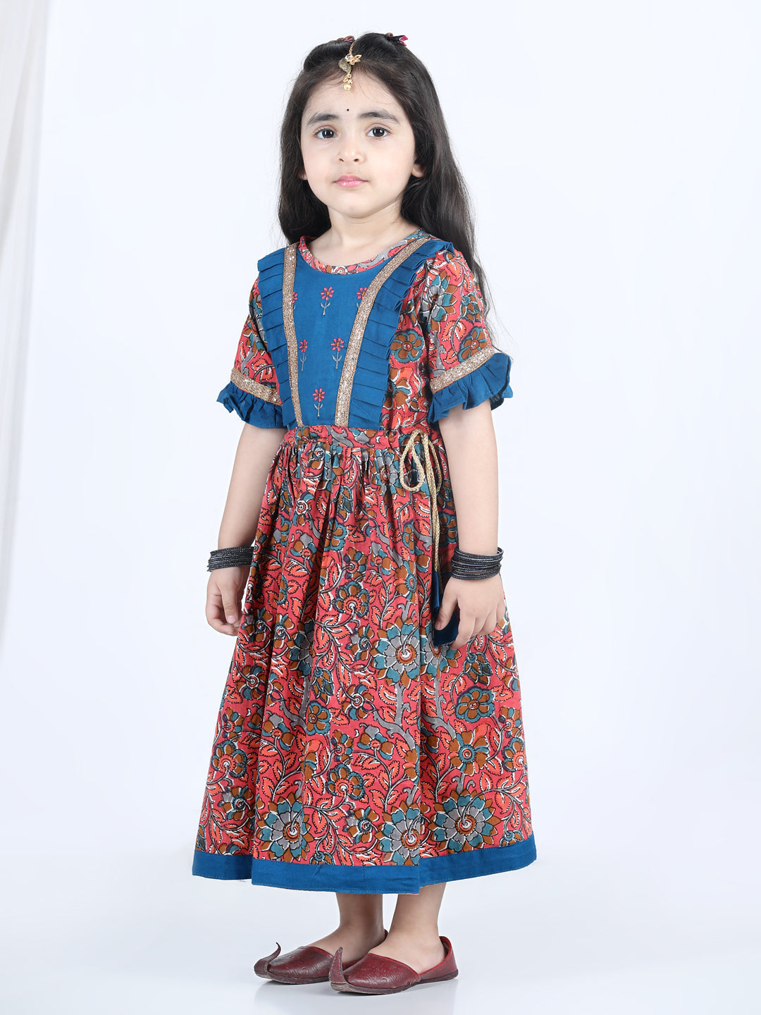 Red Half Sleeves Floral Printed & Embroidered Dress