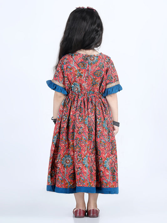 Red Half Sleeves Floral Printed & Embroidered Dress