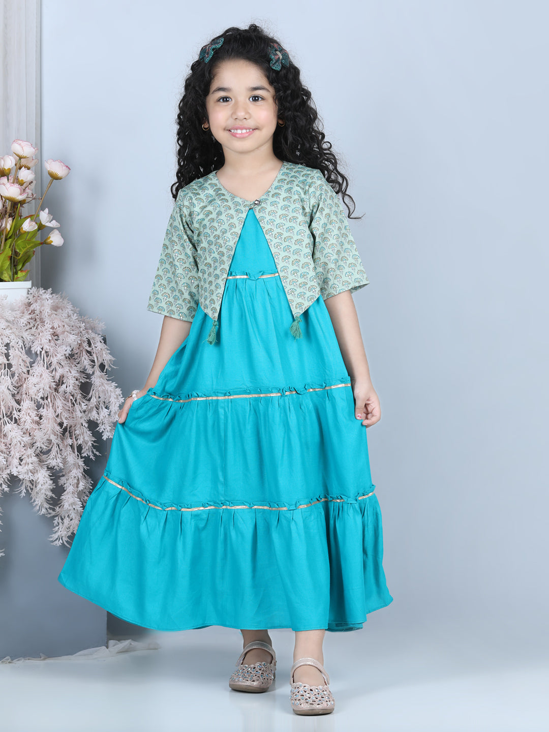 Blue Jacket With Tiered Long Dress