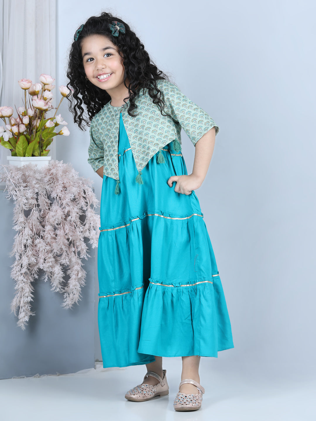 Blue Jacket With Tiered Long Dress