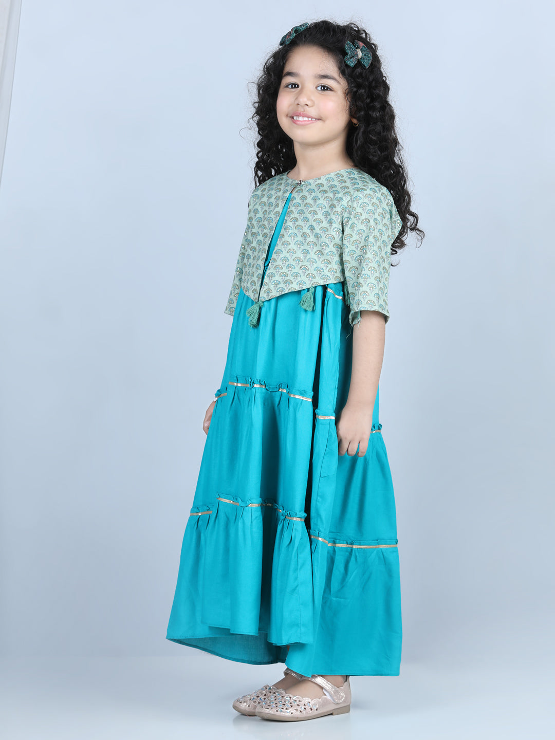 Blue Jacket With Tiered Long Dress