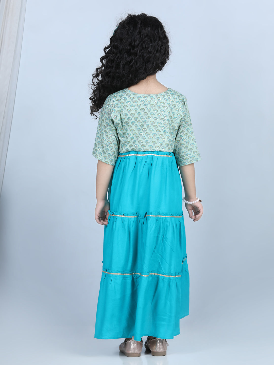 Blue Jacket With Tiered Long Dress