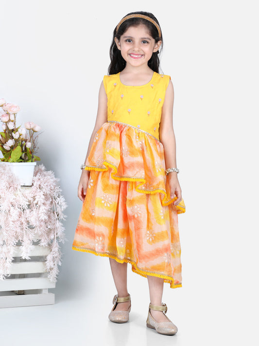 Yellow Foil Printed and Embroidered Dress