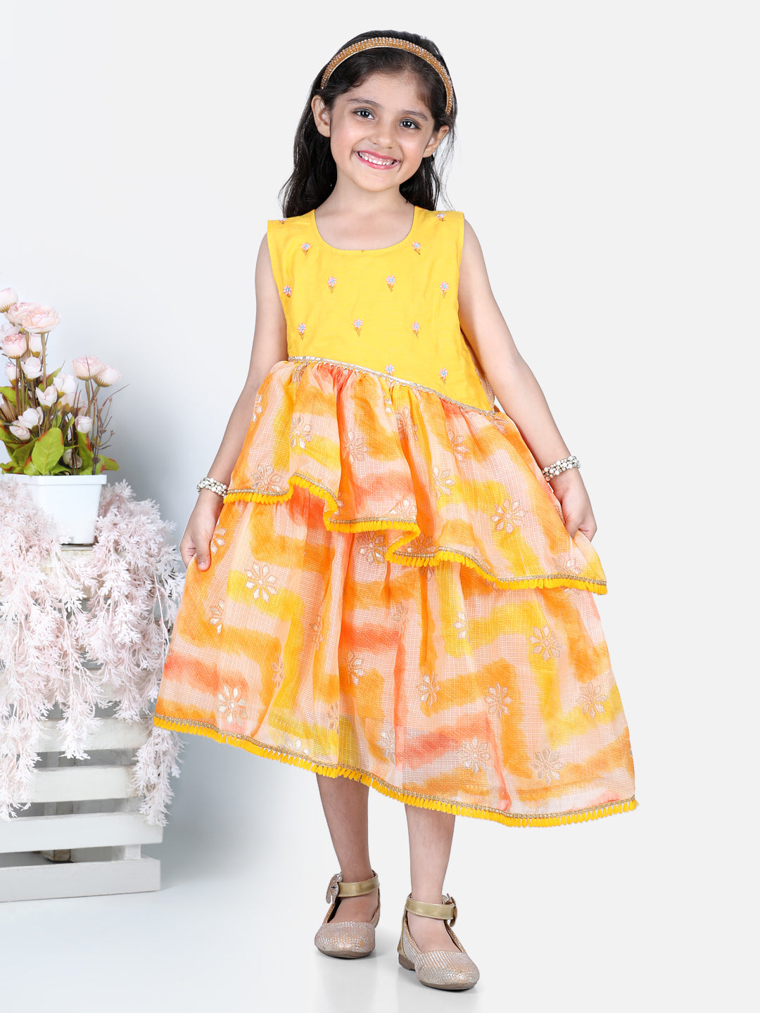 Yellow Foil Printed and Embroidered Dress