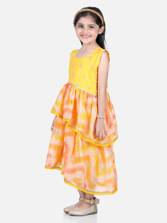 Yellow Foil Printed and Embroidered Dress