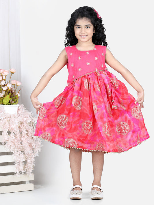 Pink Foil Printed and Embroidered Dress