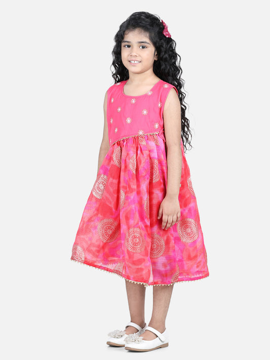 Pink Foil Printed and Embroidered Dress