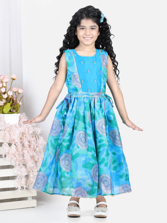 Blue Foil Printed and Embroidered Dress