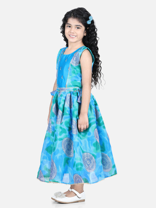 Blue Foil Printed and Embroidered Dress