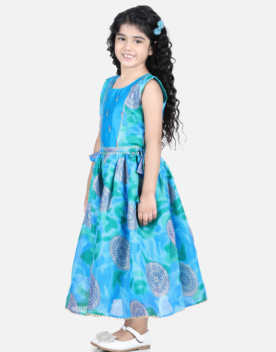 Blue Foil Printed and Embroidered Dress