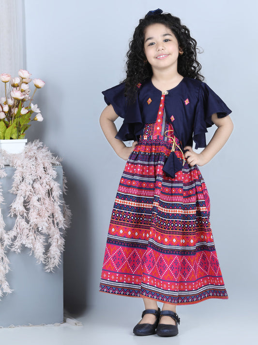 Blue Cotton Printed Dress with embroidered Jacket