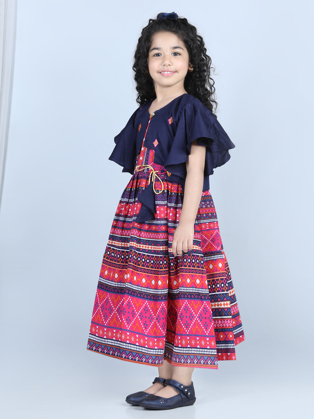 Blue Cotton Printed Dress with embroidered Jacket