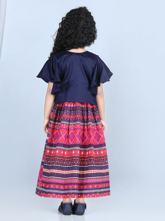 Blue Cotton Printed Dress with embroidered Jacket