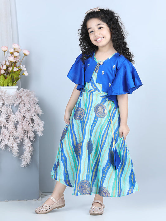 Blue Foil Printed Dress with embroidered Jacket