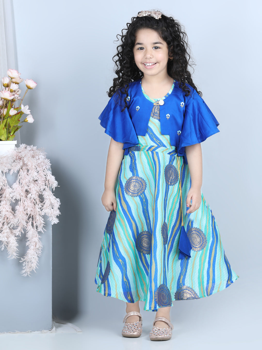 Blue Foil Printed Dress with embroidered Jacket
