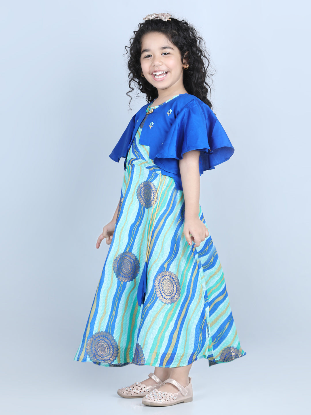 Blue Foil Printed Dress with embroidered Jacket