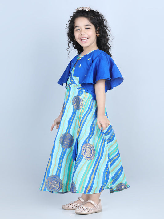 Blue Foil Printed Dress with embroidered Jacket