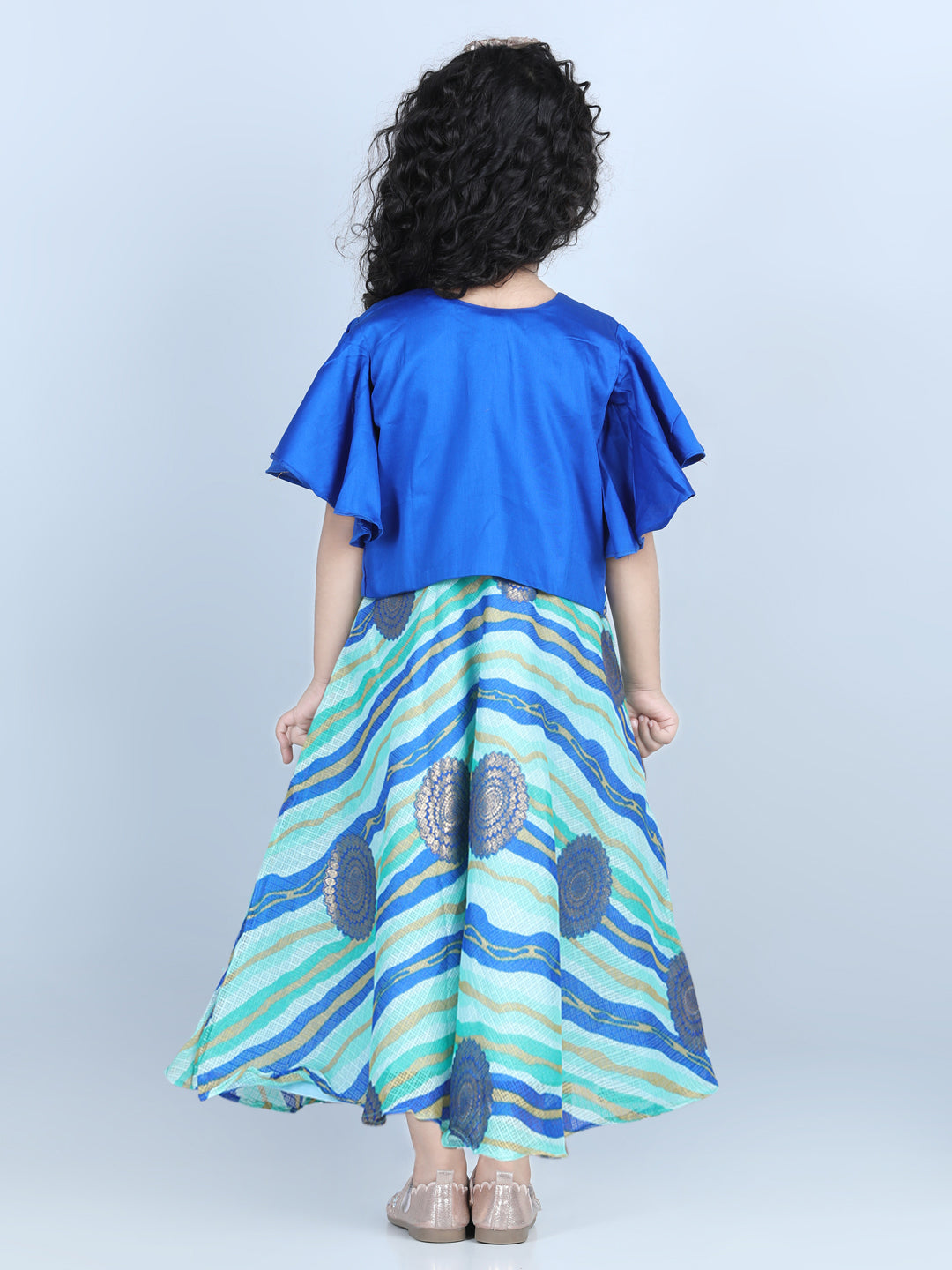 Blue Foil Printed Dress with embroidered Jacket