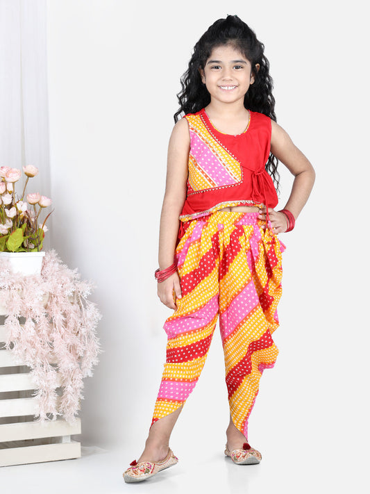 Sleeveless Leheriya Detail Top With Attached Jacket And Dhoti