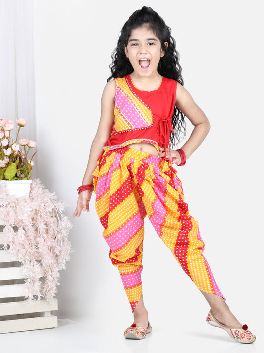 Sleeveless Leheriya Detail Top With Attached Jacket And Dhoti