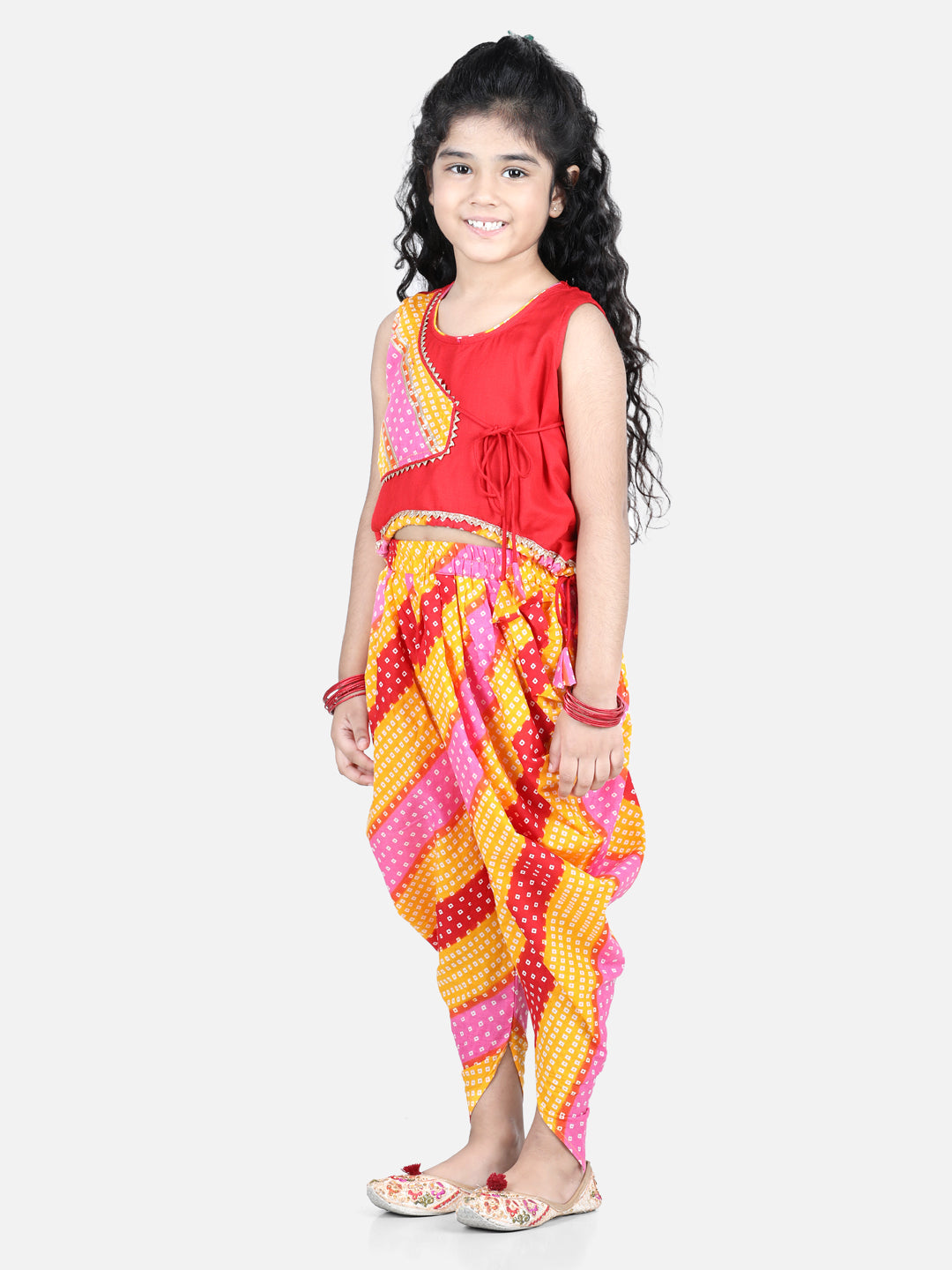 Sleeveless Leheriya Detail Top With Attached Jacket And Dhoti