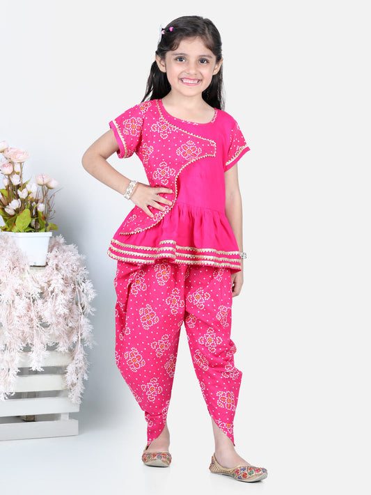 Pink Leheriya Detail Top With Attached Jacket And Dhoti