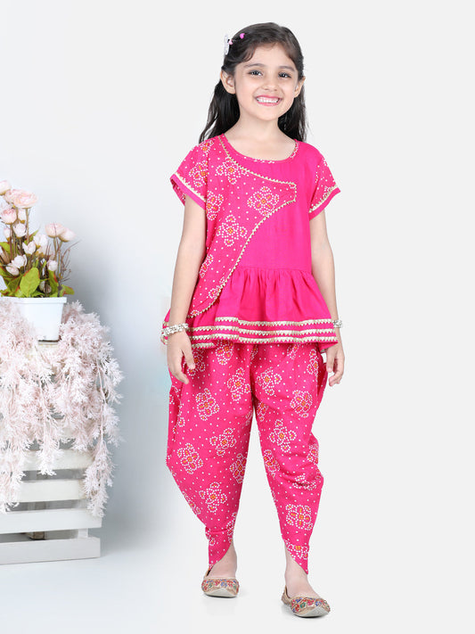 Pink Leheriya Detail Top With Attached Jacket And Dhoti
