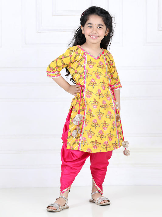Yellor kurti and Pink Dhoti