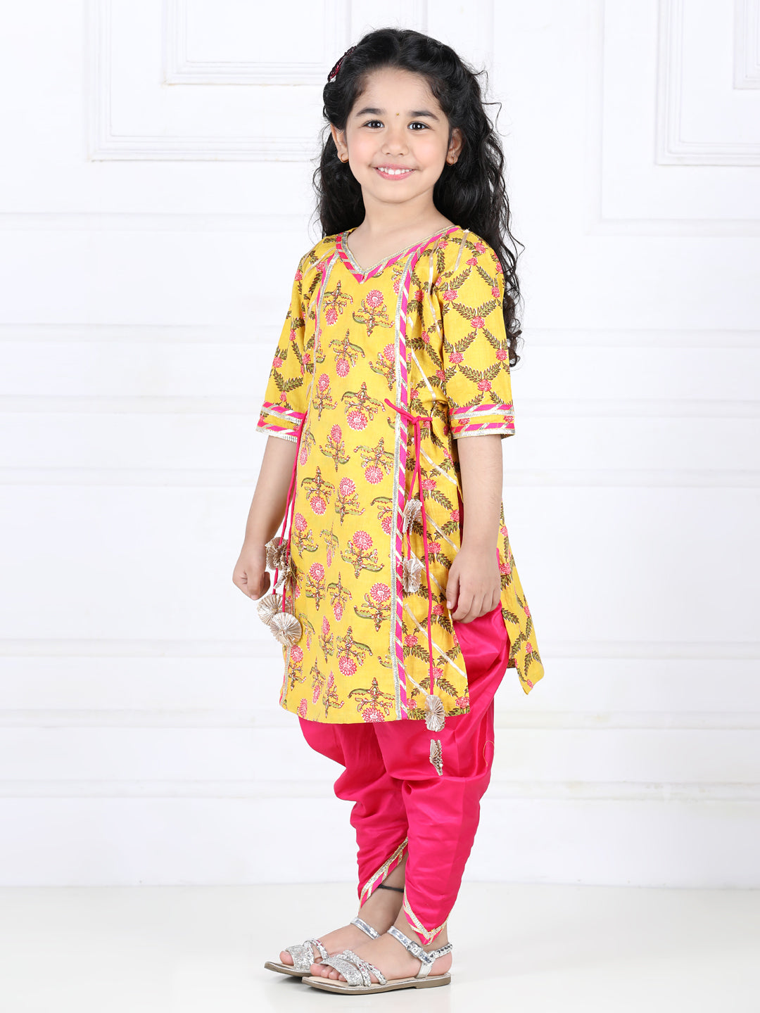 Yellor kurti and Pink Dhoti