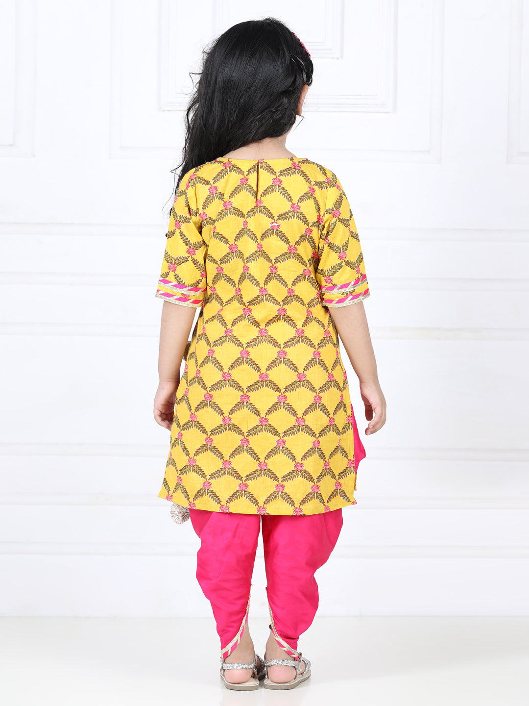 Yellor kurti and Pink Dhoti