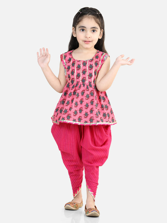 Pink Floral Lace work kurti with dhoti