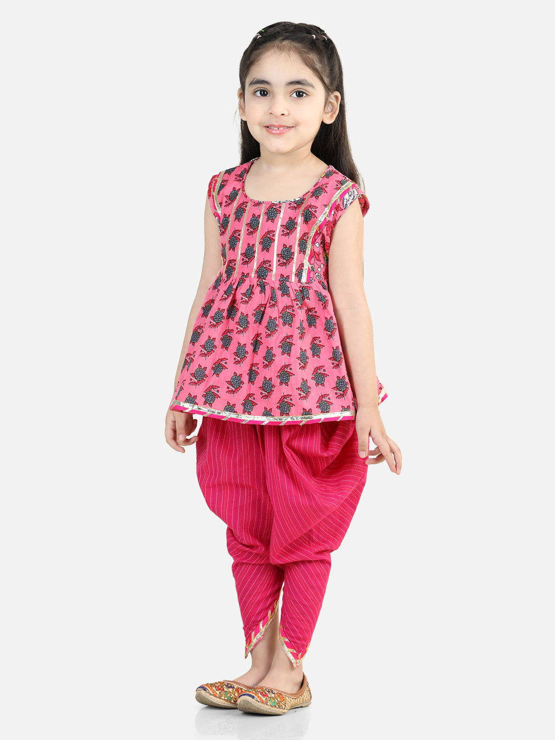 Pink Floral Lace work kurti with dhoti