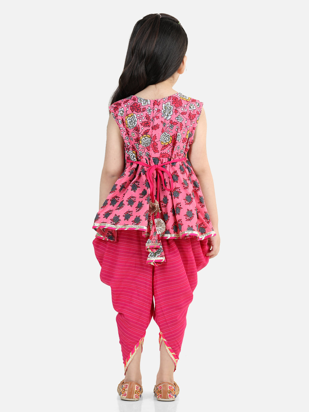 Pink Floral Lace work kurti with dhoti