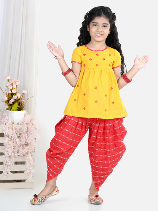 Yellow Embroidered Kurta With Red Katha Printed Dhoti